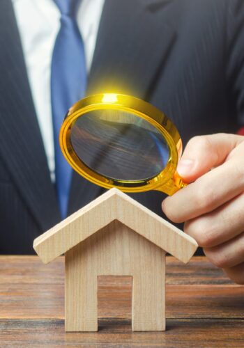 A man is studying a house through a magnifying glass. Fair value of real estate. Property valuation. Legal deal. Standards and quality of construction. Legality and transparency of purchase agreement.